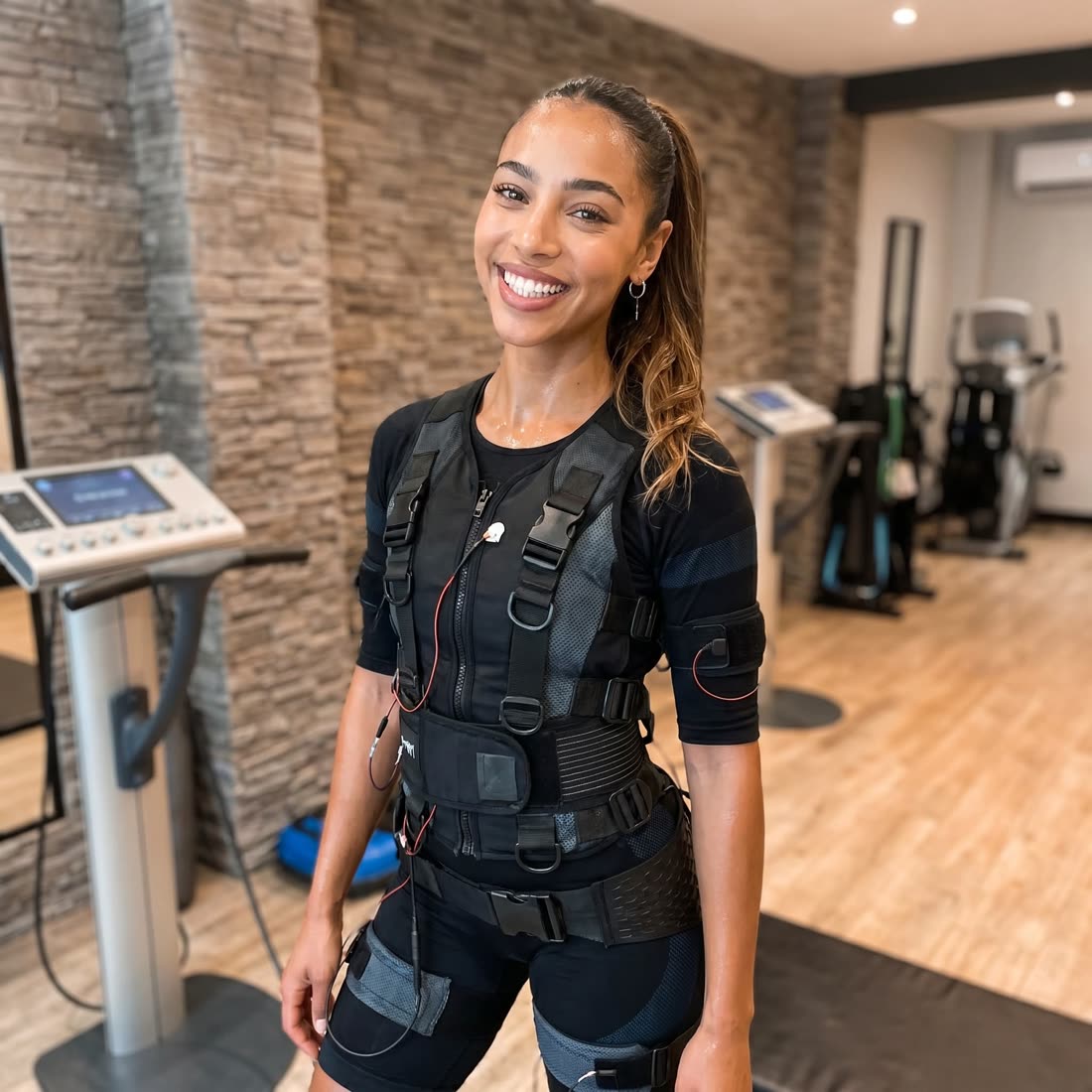 Photo naturelle d'une cliente souriante en combinaison, sans texte